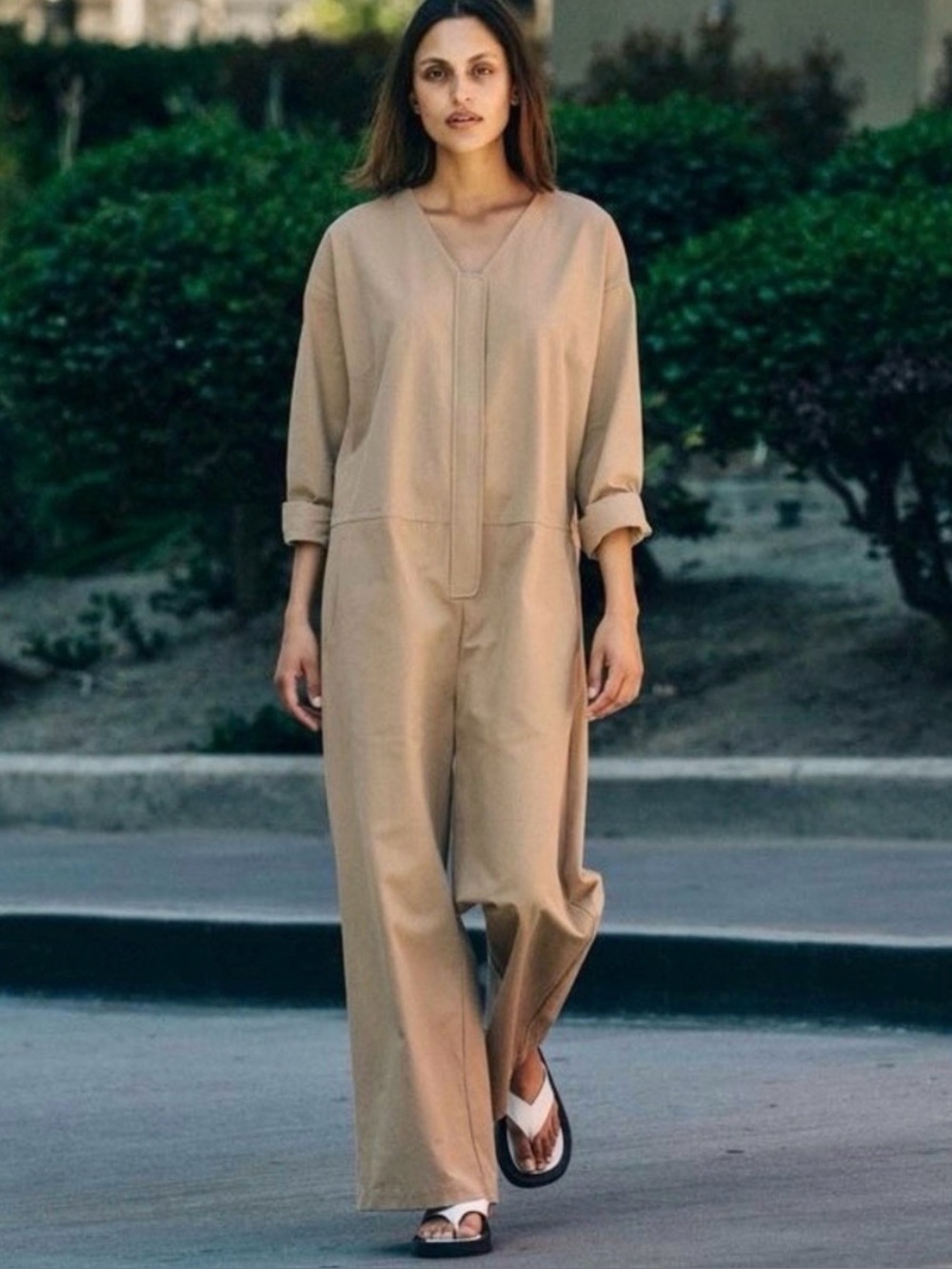 Roucha V Neck Canvas Jumpsuit in Wheat Size C Large